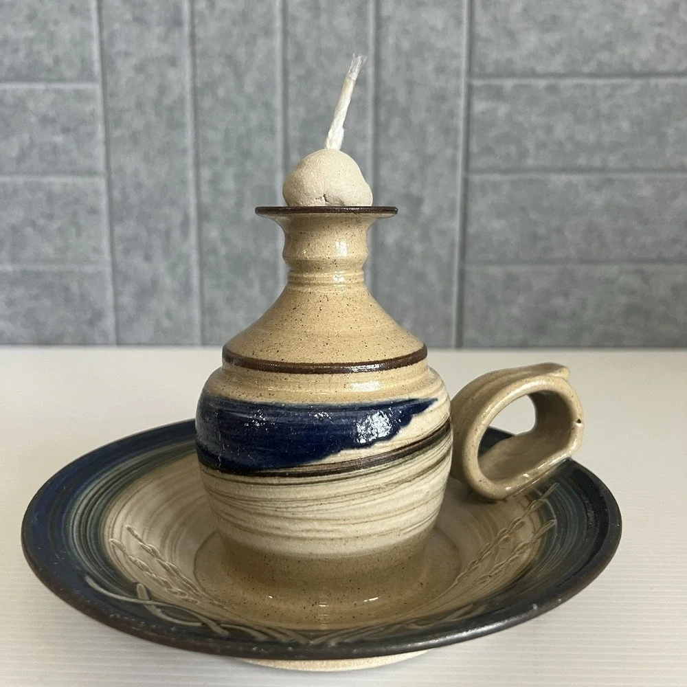 Vintage Studio Art Pottery Oil Lamp With Wick & Ball Candle Holder Signed